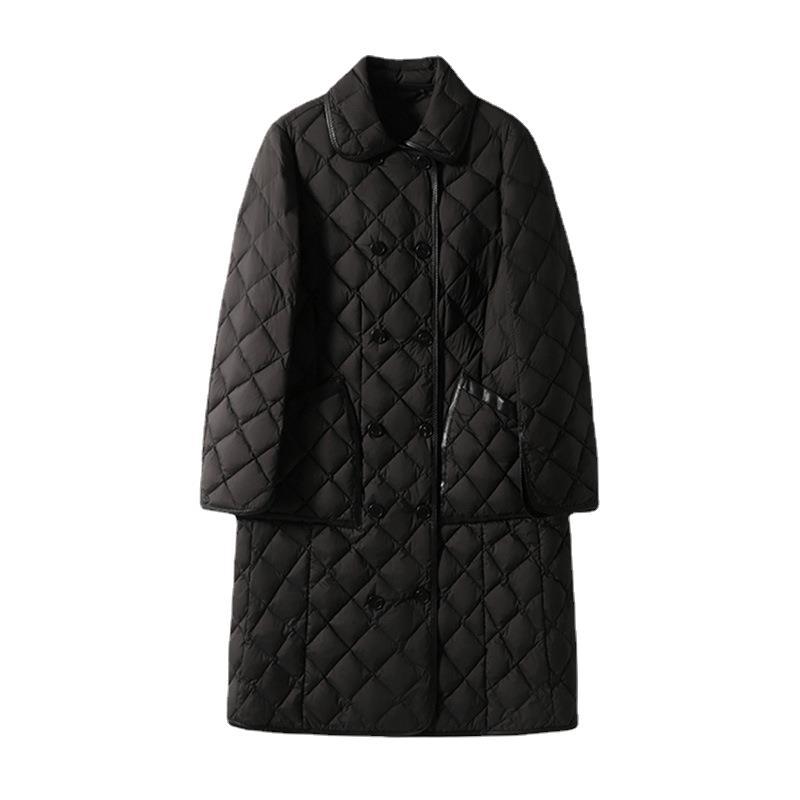 Double-breasted rhombus white goose down jacket women's high-end women's clothing short medium and long Pinghu winter goose down clothing