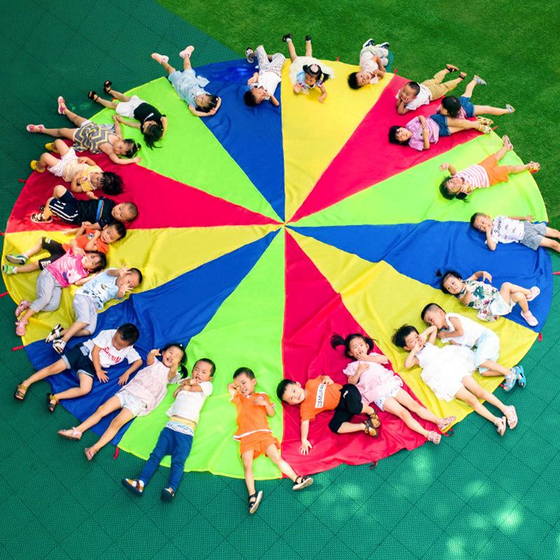 2M/4M Diameter Kids Outdoor Teamwork Game Prop Rainbow Parachute Toys Jump Bag Bounce Play Mat School Activity Puzzle Game