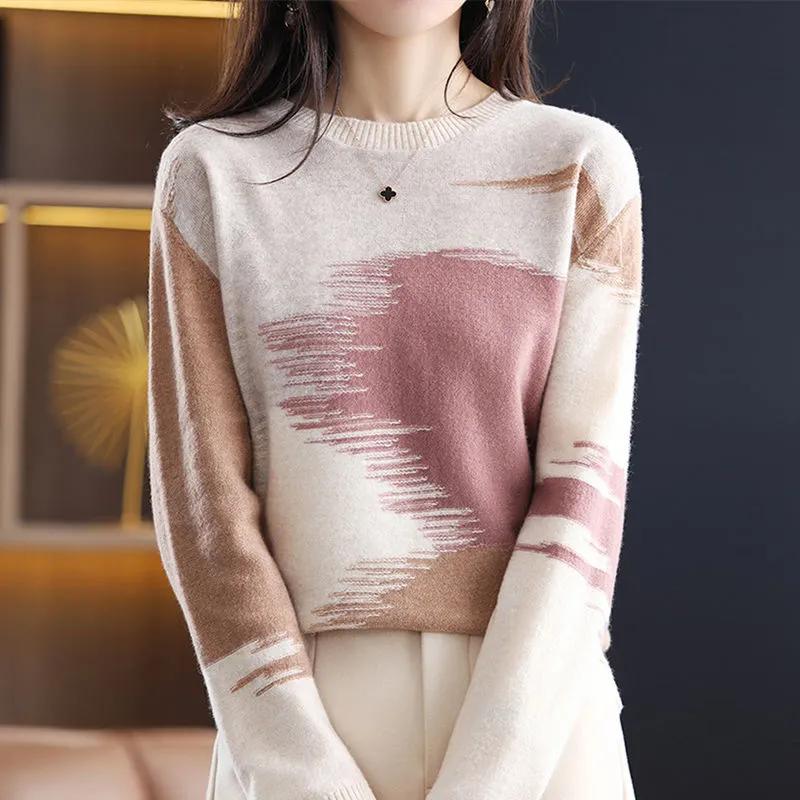 Round Neck Contrast Sweater Women's Autumn and Winter Loose Casual Knitted Sweater Fashion Pullover