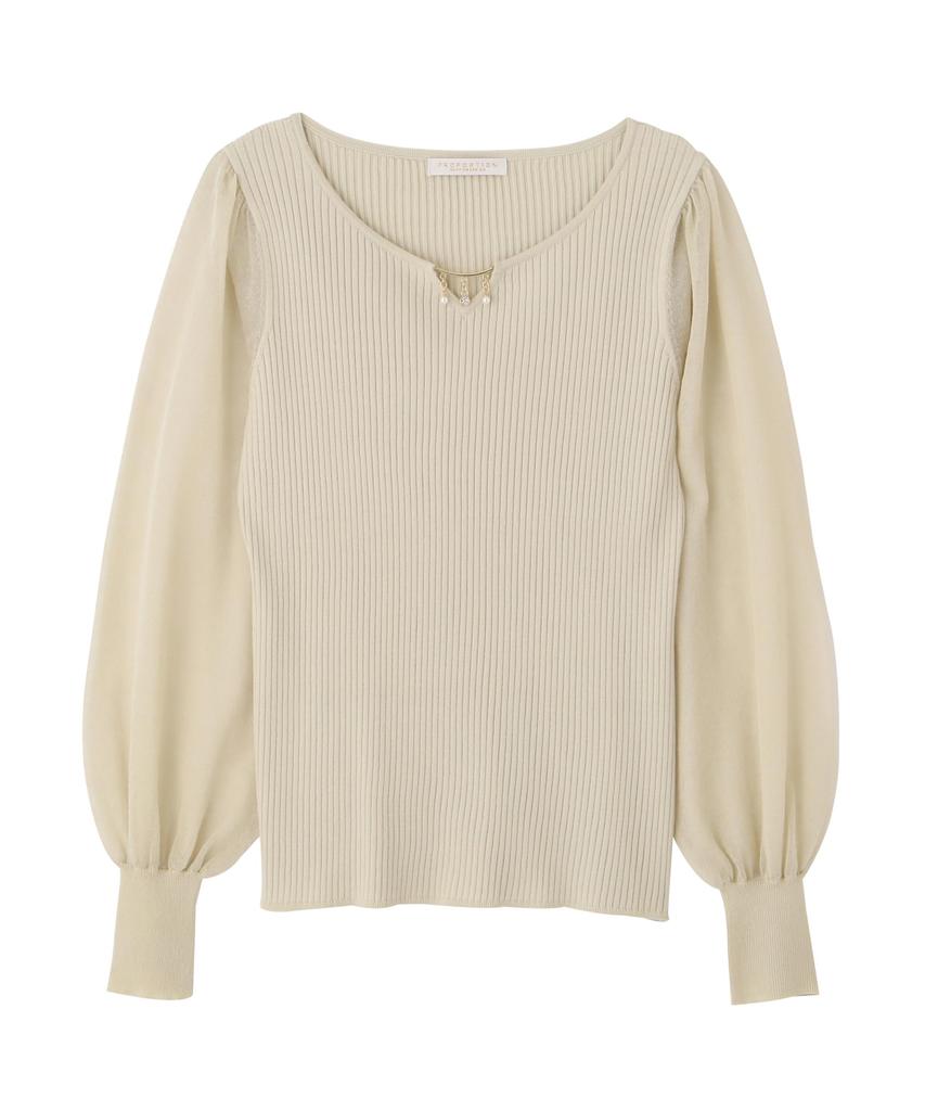 Proportion Body Dressing Pearl Motif Sheer Sleeve Rib Knit Yellow Sweater, Women's,