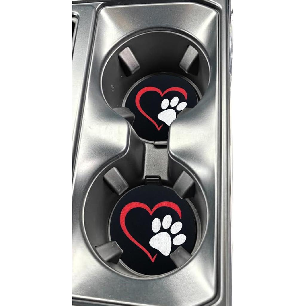 2PCS Dog Paw Heart Print Car Cup Holder Coasters, 2.73 Inch Anti-Slip Shockproof Automotive Drink Mat for Women and Men, Universal Vehicle Cup Holder