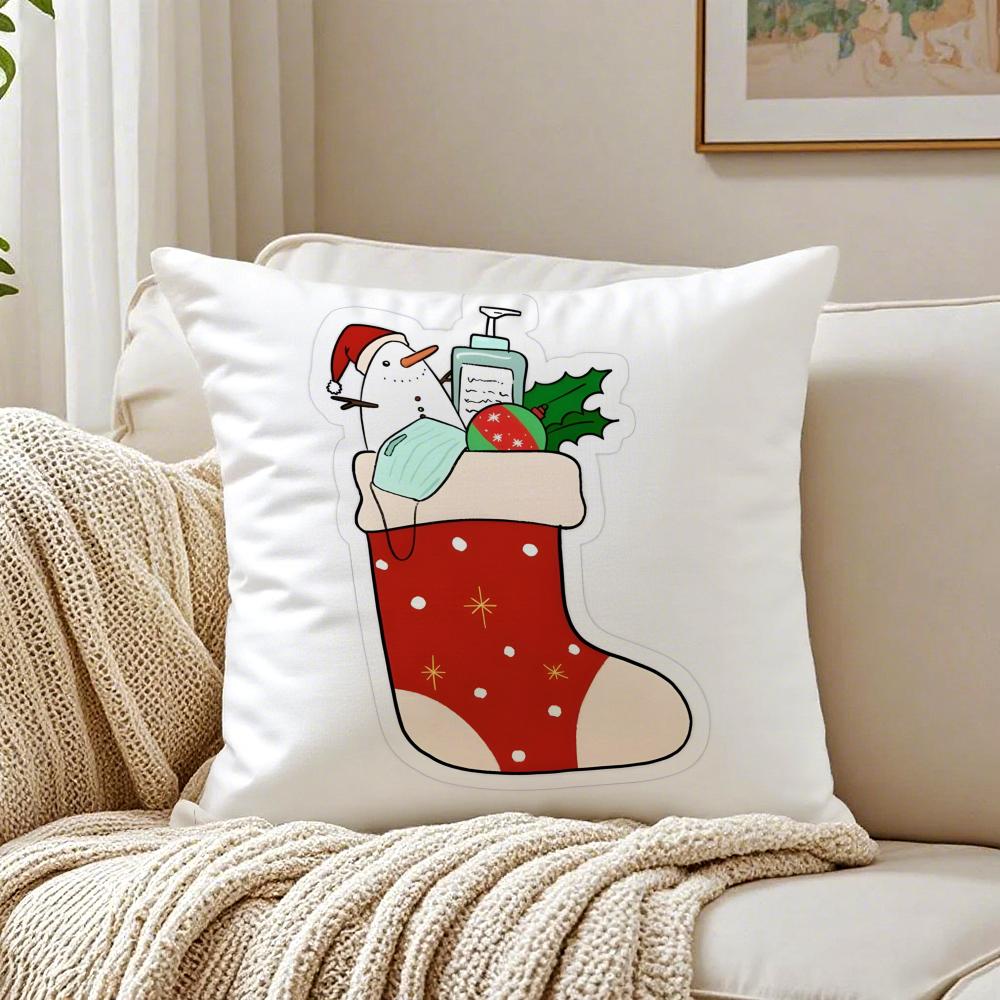 Red Socks Merry Chrismas Cushion Cover Linen Pillowcase Soft for Sofa Bed Home Room Decor