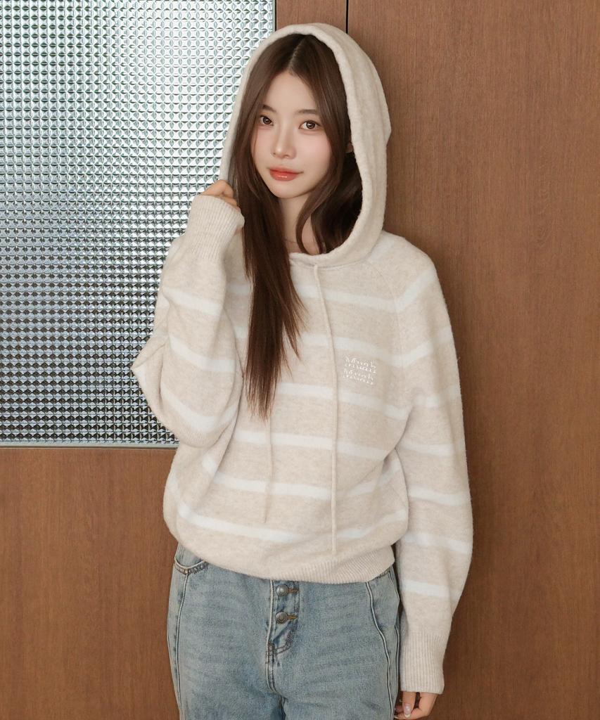 MUAHMUAH Striped Wool Brushed Hoodie Knit [Oatmeal]