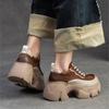 Johnature Thick Soled Heightening Pumps Genuine Leather Lace-up Versatile Retro Women's Platform Shoes