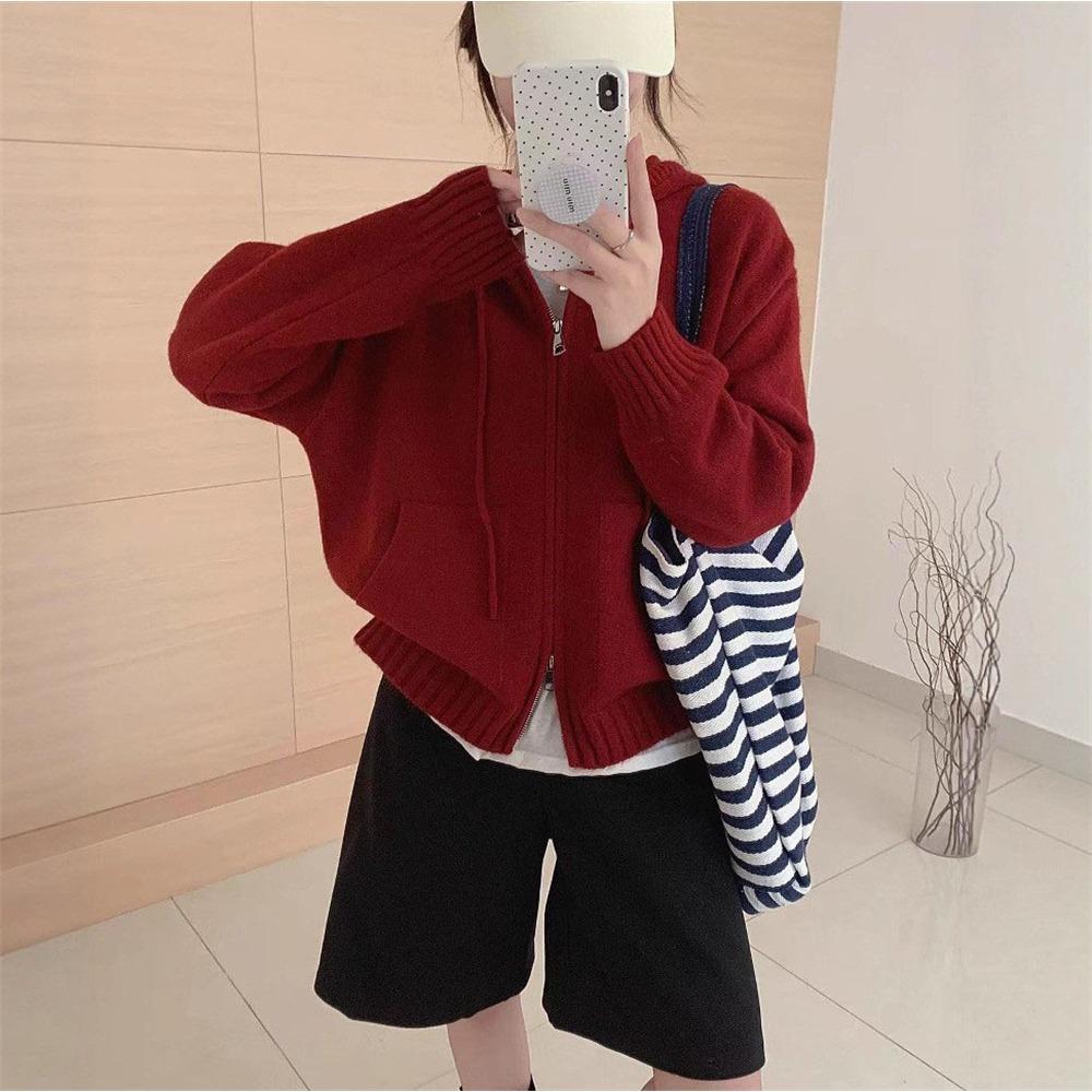 Solid-color Hooded Zipper Sweater Jacket, A New Laid-back Style Knitted Cardigan for Women In Autumn and Winter