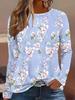 Camiseta feminina com estampa floral 3D pequena, elegante, de manga comprida, gola redonda, tops normais para férias, fim de semana, primavera e outono