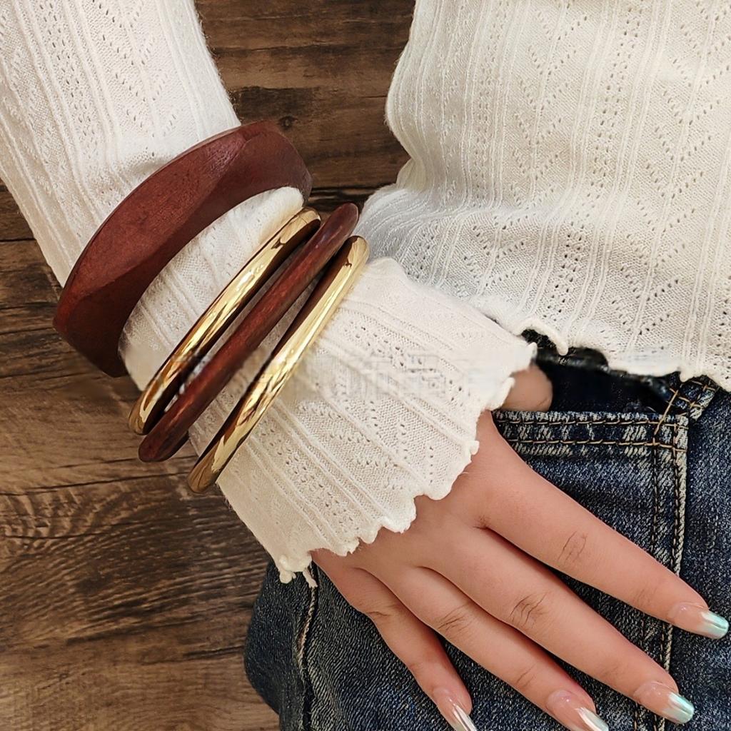 Vintage Punk Coffee Black Wood Bangles Fashion Hip Hop Round Metal Geometric Wide Bangles Women Men Bracelet Jewelry