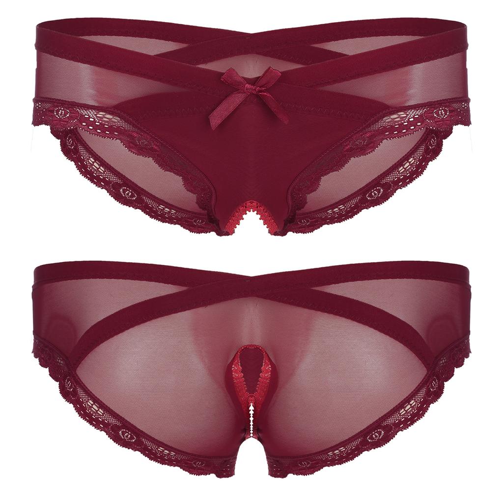 Pánské průsvitné bezrozkrokové kalhotky ze síťoviny s krajkovým lemem kalhotky Cross-dresser Sissy spodní prádlo