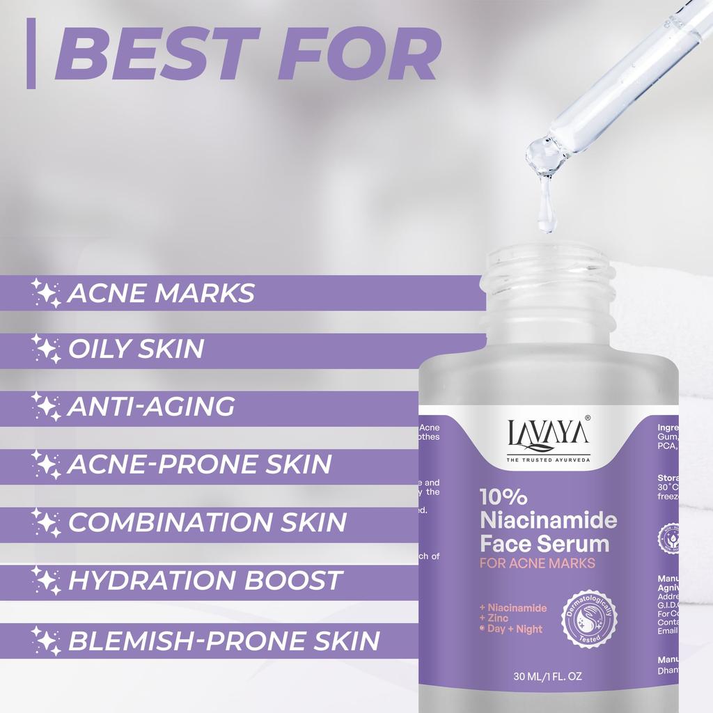 Lavaya 10% Niacinamid Gesichtsserum mit Zink-PCA | Reduziert Aknenarben | Bekämpft Akne | Kontrolliert die Talgproduktion | Mindert Pigmentflecken | 30 ml