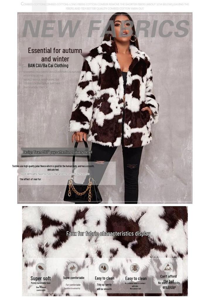 Women's Harajuku Style Black and White Cow Print Faux Rabbit Fur Coat - European and American Autumn/Winter Jacket