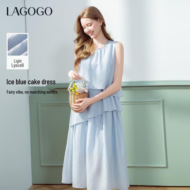 LAGOGO 2026 Summer Lightweight Tiered Dress L светло-синий