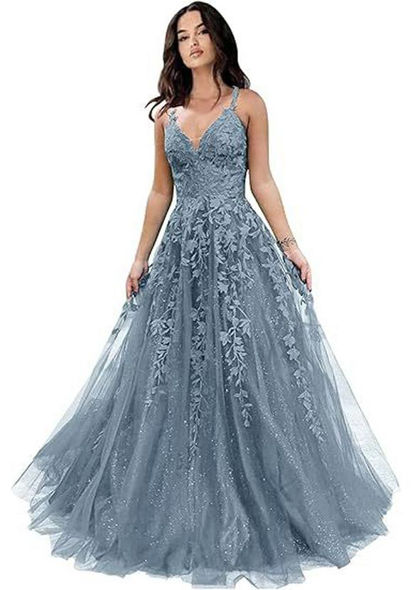 Elegante Abito da Sera in Rete Ricamata con Paillettes e Scollo a V Profondo