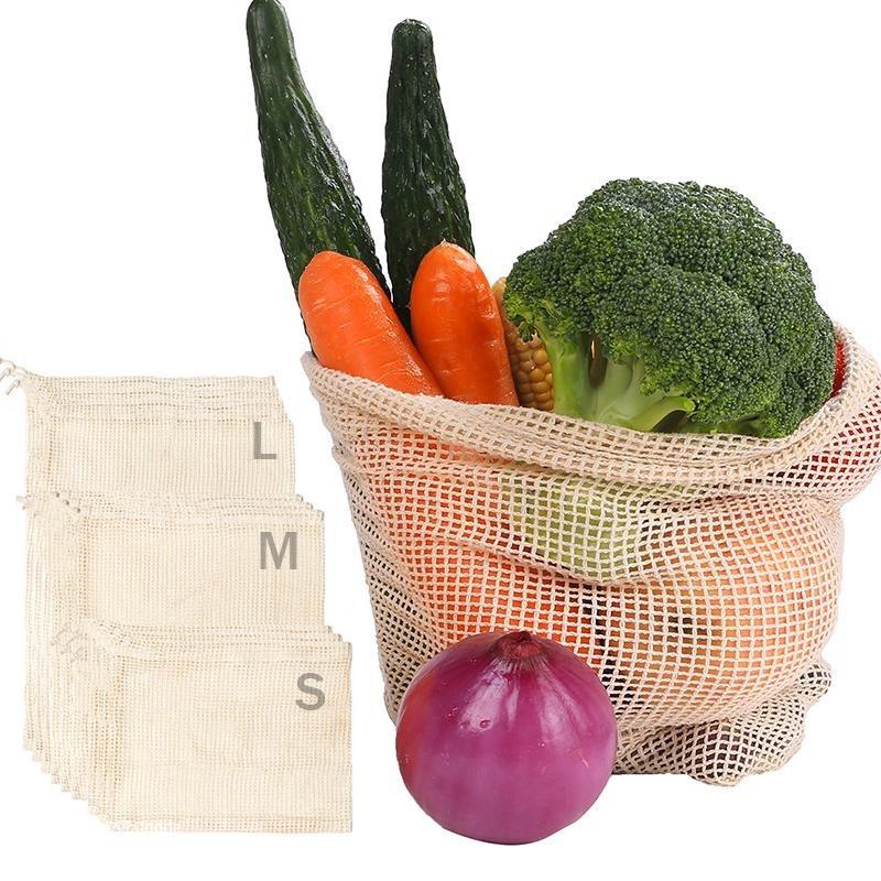 3PCS/LOT Cotton Mesh Vegetable Bags Produce Bag Reusable Cotton Mesh Vegetable Storage Kitchen Fruit Vegetable with Drawstring