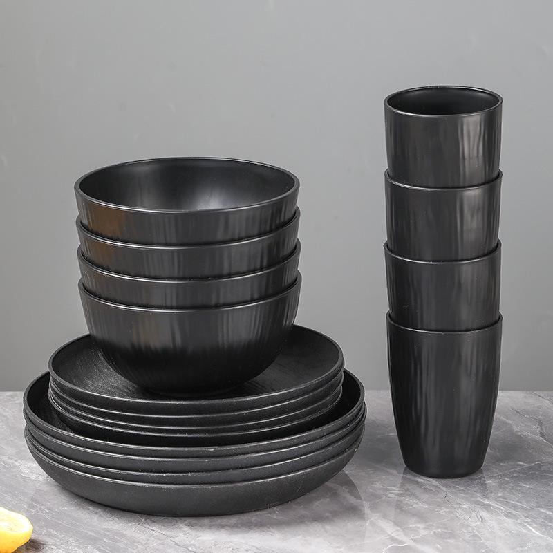 Black Wheat Straw 16PC Dinnerware Set: Plates, Bowls, Cups, Cutlery