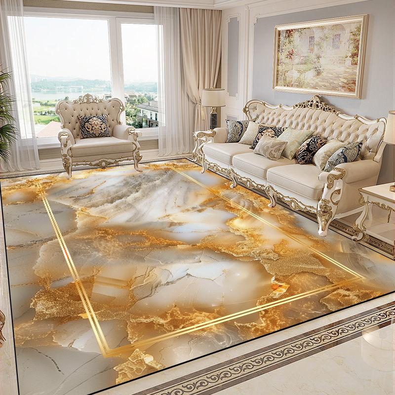 Luxurious Gold Carpets for Living Room Marble Style European Decoration Sofa Area Rugs Non-slip Bedroom Washable Soft Floor Mat
