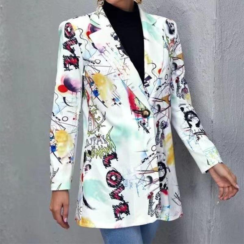 Autumn Winter Hipster Street Style Printing Blazer Women Long Sleeve Trend Fashion Cardigan Suit Button Top