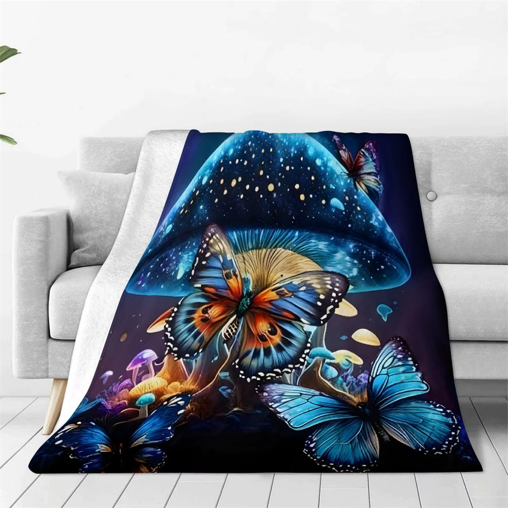 Blue Galaxy Mushroom Butterfly Blanket Soft Cozy Warm Winter Flannel Throw Blanket All Seasons for Sofa Bed Room Decor 75cmx90cm