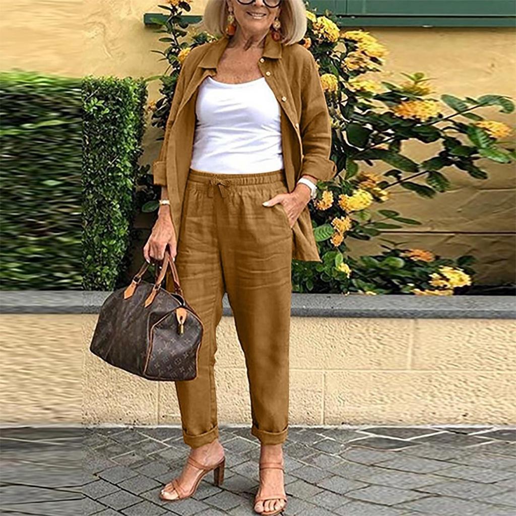 Spring Autumn Women's Solid Color Casual Set Long Sleeve Top And Long Pants Two Piece Outfit Comfortable Lounge Wear