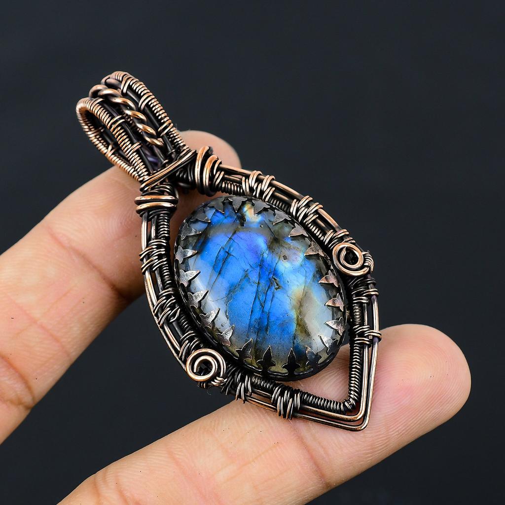 Natural Labradorite Gemstone Handmade Copper Wire Wrap Pendant 2.68" m2C04