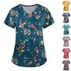 Plus SizePrinted Scrub Working Uniform Tops For Women's Cross V-Neck Print Short Sleeve Fun T-Shirts Workwear Tee With Pockets