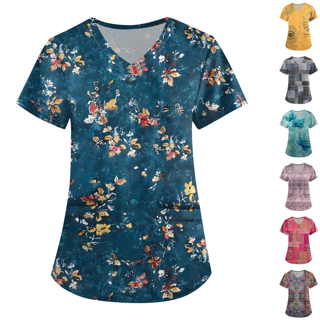 Plus SizePrinted Scrub Working Uniform Tops For Women's Cross V-Neck Print Short Sleeve Fun T-Shirts Workwear Tee With Pockets