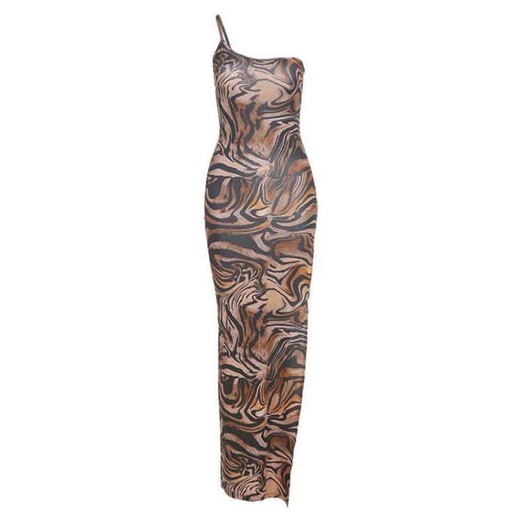 Sexy Women Summer Dress Spaghetti Strap Slash Neck Slim Tiger Print Khaki Split Side Lady Dress