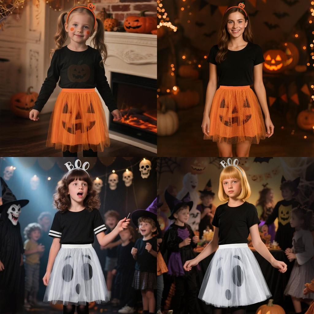 Halloween Ghost Face Pumpkin Veil Dress And Headband Set For Cosplay Dress Up Kids And Adults