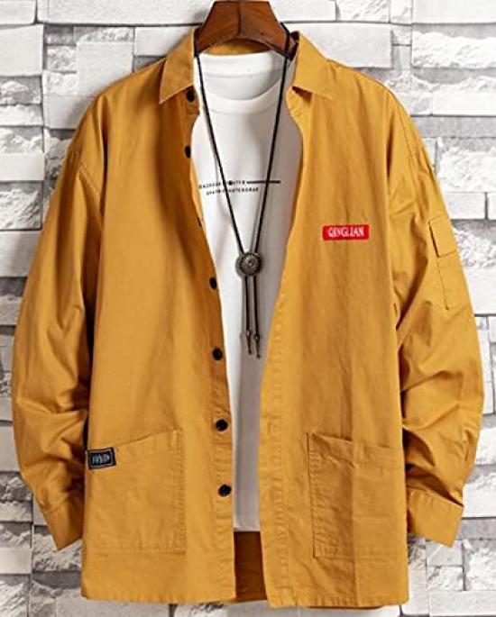 Aspersio Long Sleeve Work Shirt with Stylish Top for Casual Visual American Open Long Business Basic Shirt Yellow Collar, Men, Military, Button-Down