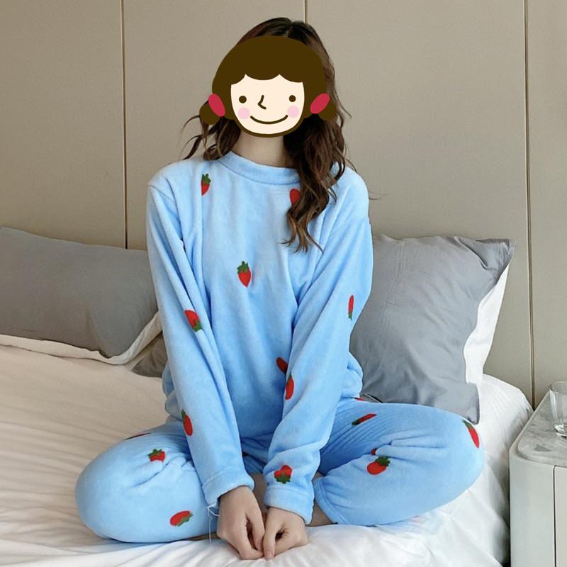 

2 шт. Пижама из клубничной фланели для женщин, теплая одежда для сна, коралловый домашний костюм, осенне-зимний утолщенный бархат Kawaii One size синий