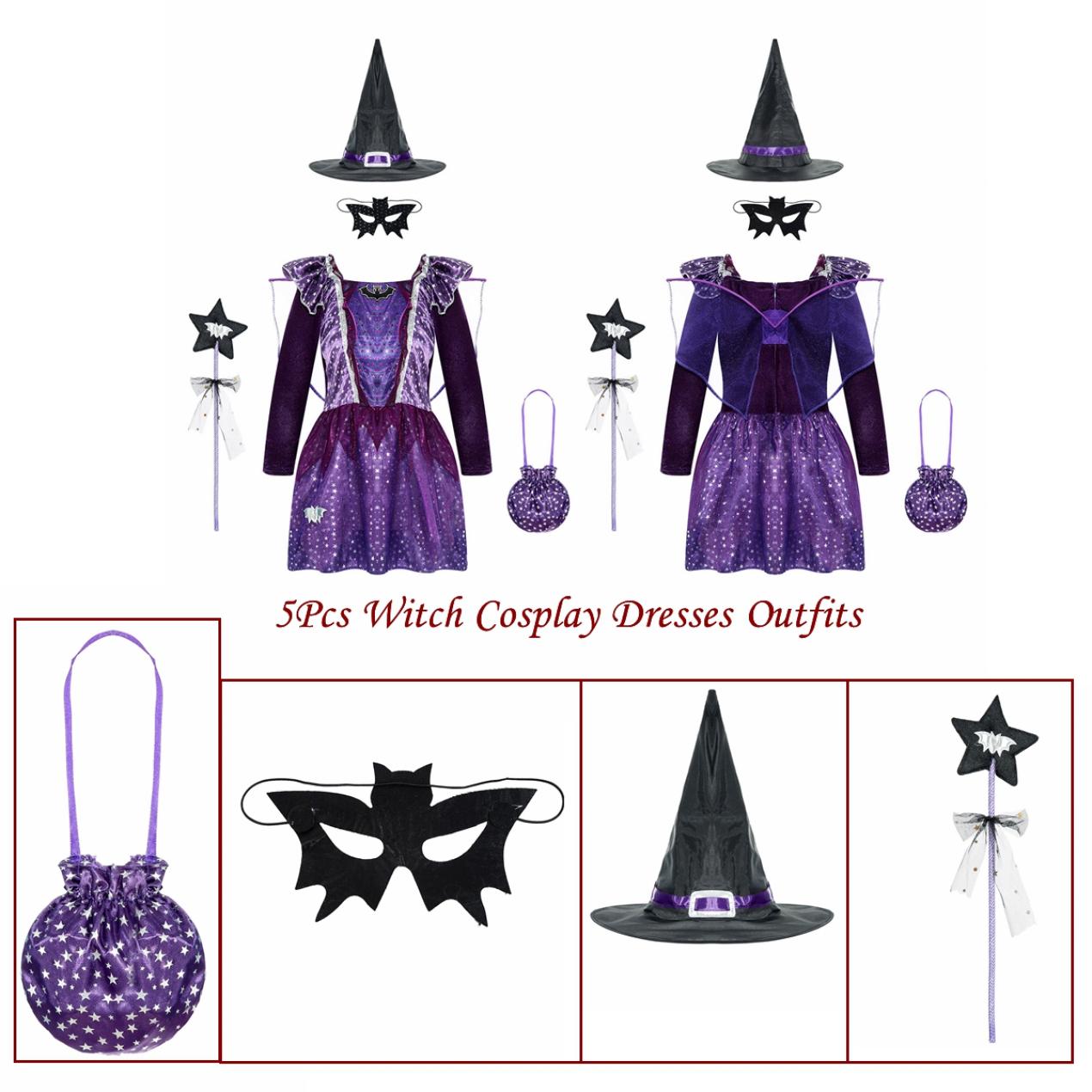 

Костюм для косплея ведьмы на Хэллоуин, платье с длинными рукавами и принтом звезд, съемные крылья, остроконечная шляпа, маска, сумка и волшебная палочка феи 8-10 Years