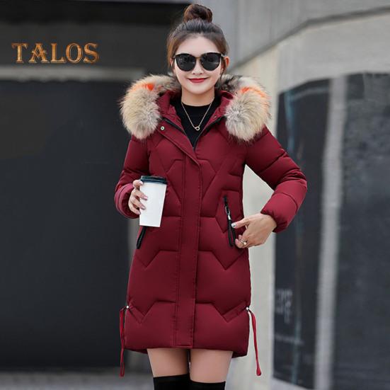 Winter Women Cotton Jacket with Furry Hood Neck Protection Pockets Mid Length Zipper Closure Padded Coat Solid Color Windproof Outwear Parka