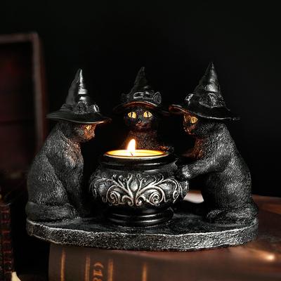 Halloween Decoration Figurines Familiar Cauldron Tea Light Holder Black Witches Cats Candlestick Holder Home Bar Table Ornaments