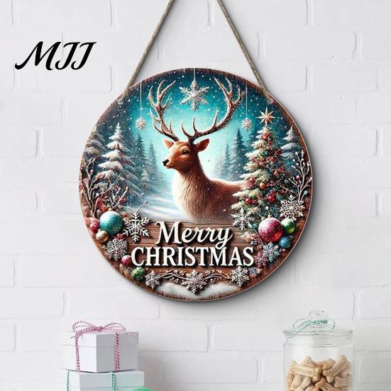 Decorative Entrance Wall Art Christmas Hanging Pendant with Lanyard, Wooden Sign for Front Indoor Outdoor Seasonal Decor Door, Creative Farmhouse