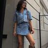 Women's Summer V-neck Workwear Denim Skirt Set with Irregular High-waisted Shorts and Short-sleeved Top