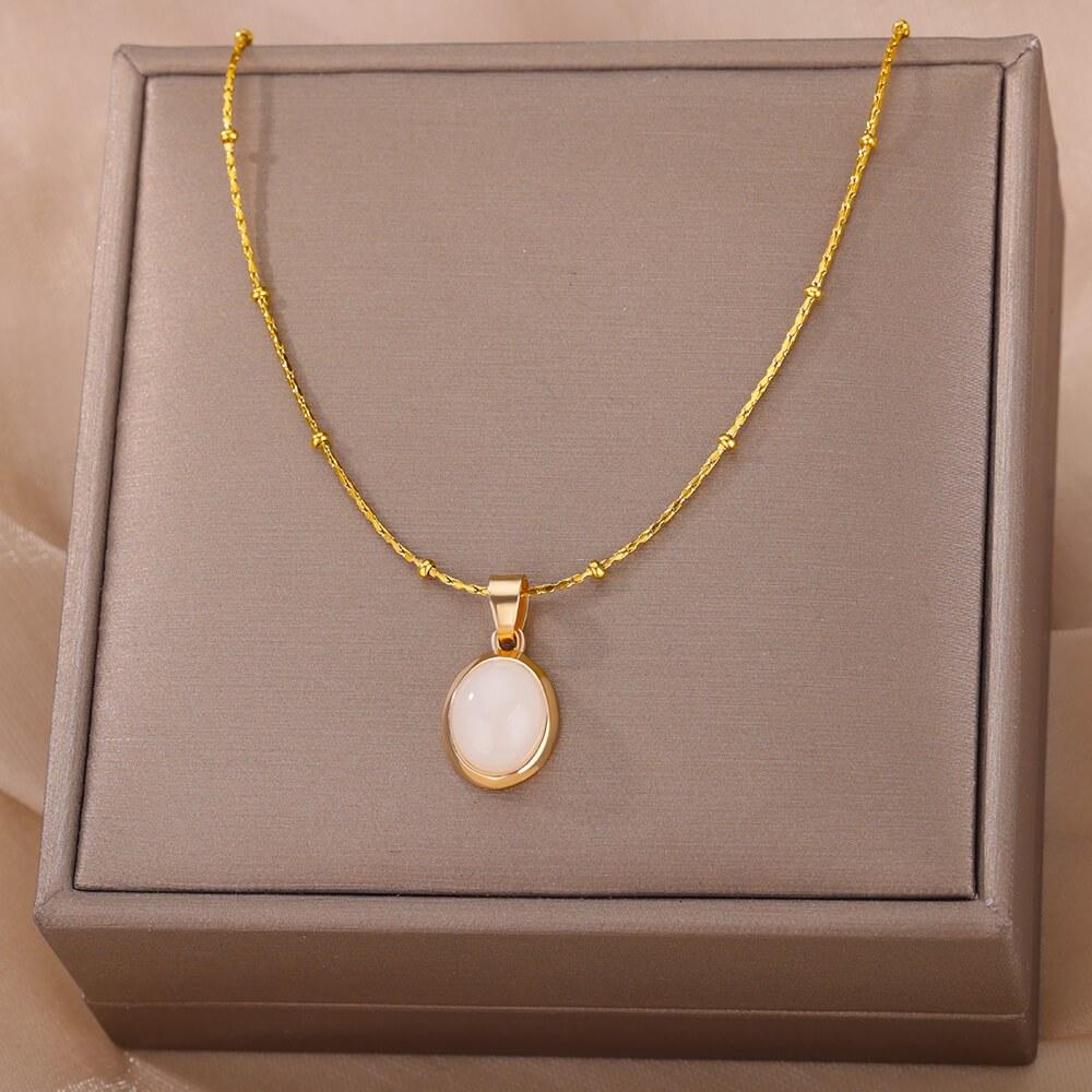 Fashion Stone Opal Oval Necklace For Women Stainless Steel Gold Color Oval Stone Pendant Necklace Wedding Aesthetic Jewelry Gift