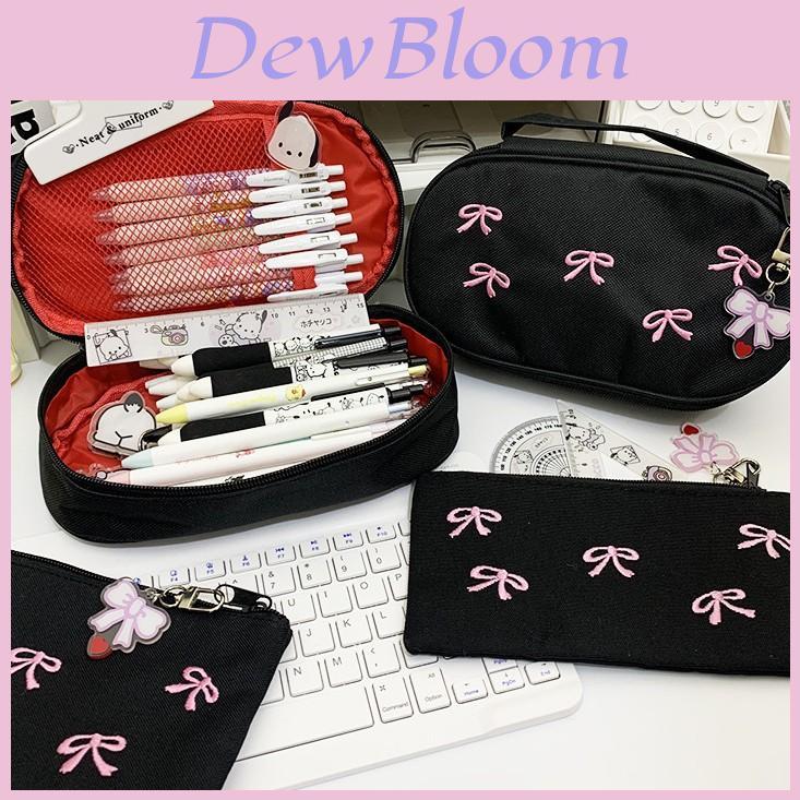 Girl Butterfly Bow Embroidered Canvas Pencil Case With Storage Compartments For Students