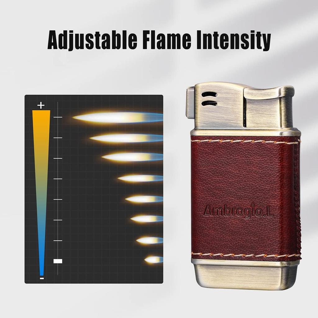 Ambrogio.L Pipe Lighter - Genuine Leather Adjustbale Soft Flame Refillable Butane Gas Lighter - Boxed Bronze Brushed