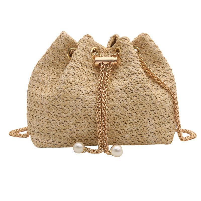 New straw bag 2026 summer new beach bag chain bag shoulder messenger women's bag diamond bucket bag