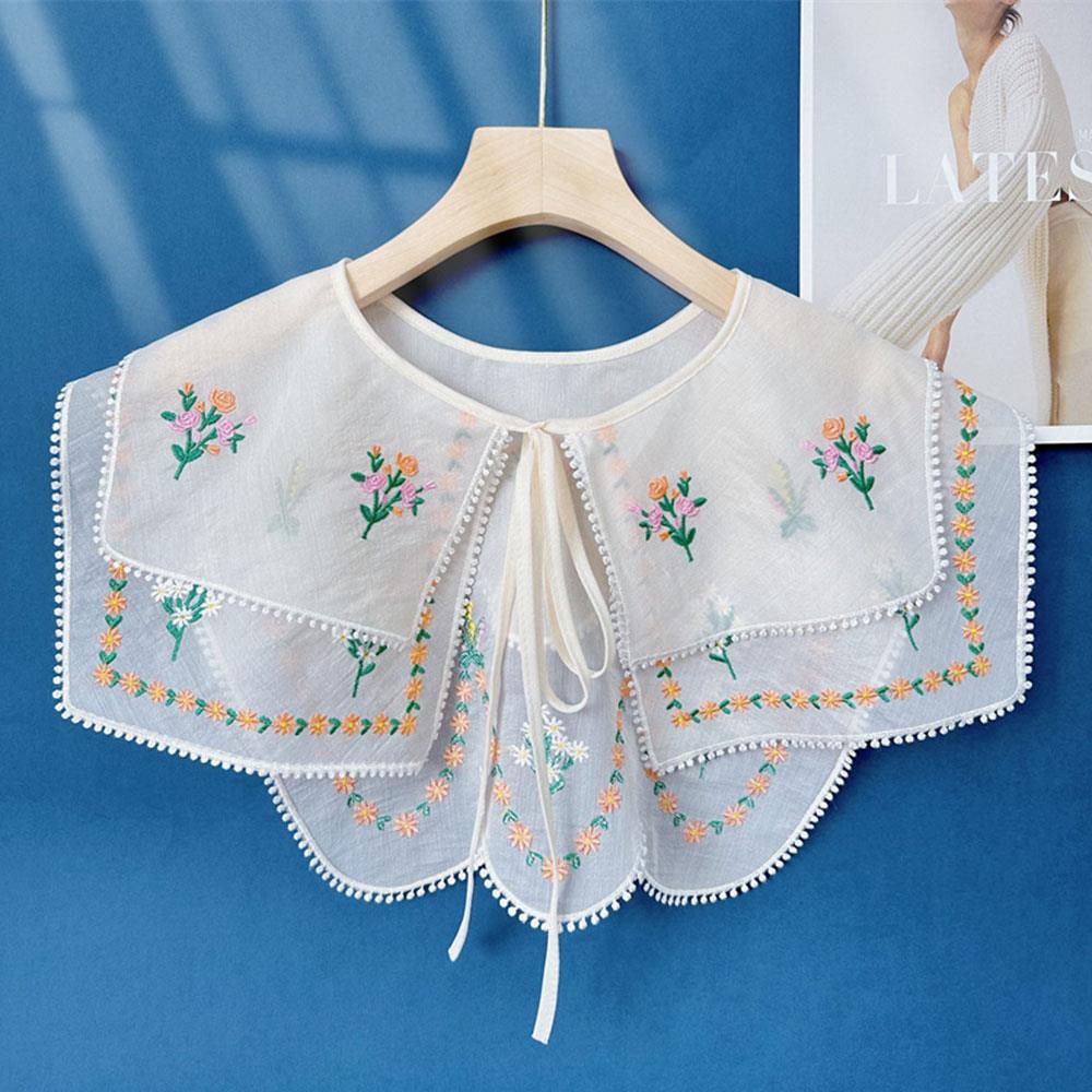 Wave Edge False Collar Embroidered Collar Lace Up Neckline Detachable Fake Collar DIY Floral Embroidery Doll Lapel Shawl