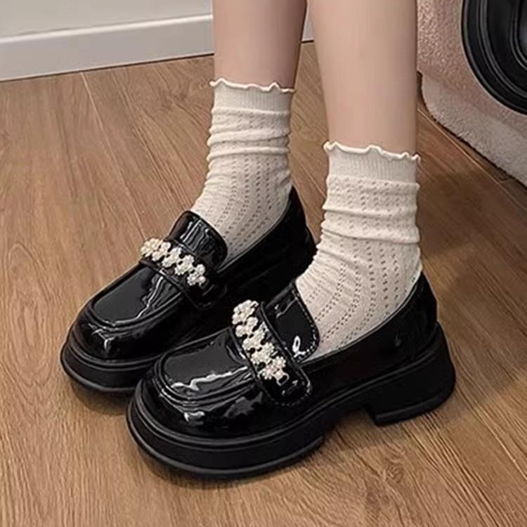 Loafers horse buckle thick-soled medium-heeled small leather shoes for women's 2025 spring one-pedal British new single shoes heightening shoes