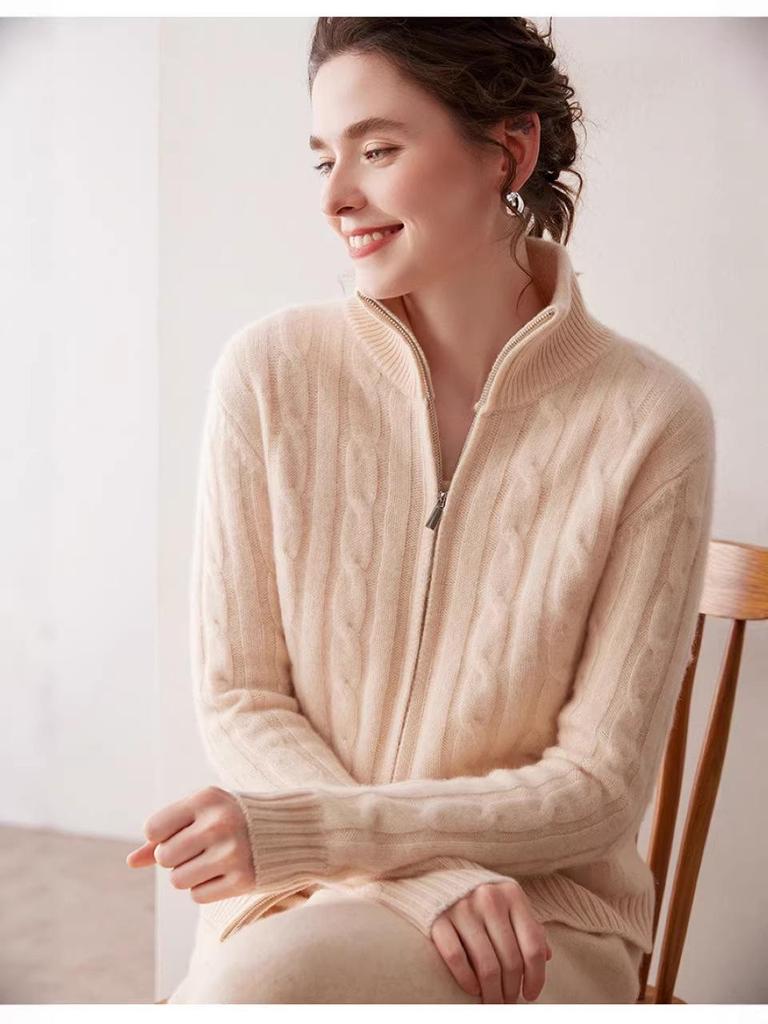 Luxury Double Zipper Heavy Duty Cable Knit Cashmere Cardigan for Women - High Neck, Loose Fit, Slimming, Thick Sweater Coat
