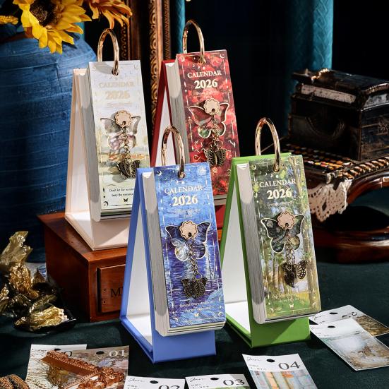2026 Vintage European Style Oil Painting Flip Calendar Desktop Flip Calendar with Butterfly Charm Aesthetic Desk Organizer for Home Living Room Decor