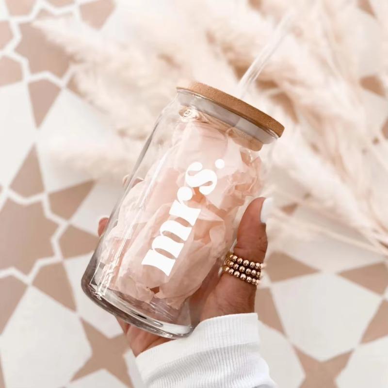 Bride Iced Coffee Glass Cup with Lid Straw Wifey Mug Glass Cup Wedding Bachelorette Party Decorate Bridal Shower Future Mrs Gift