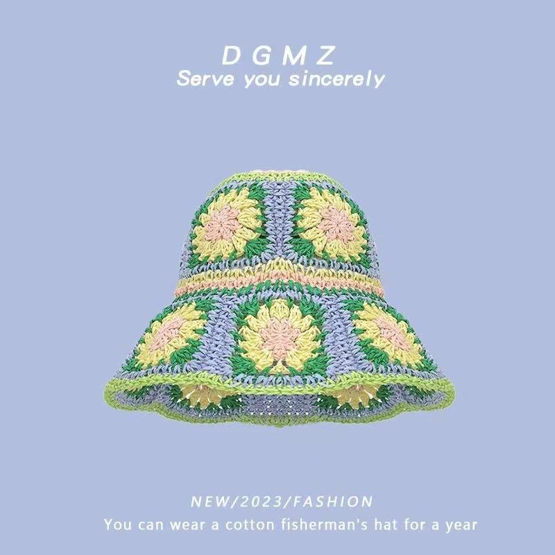 Small Fresh Flower Straw Hat Women's Summer Seaside Vacation Sunshade Sunscreen Hollow Face Small Bucket Hat