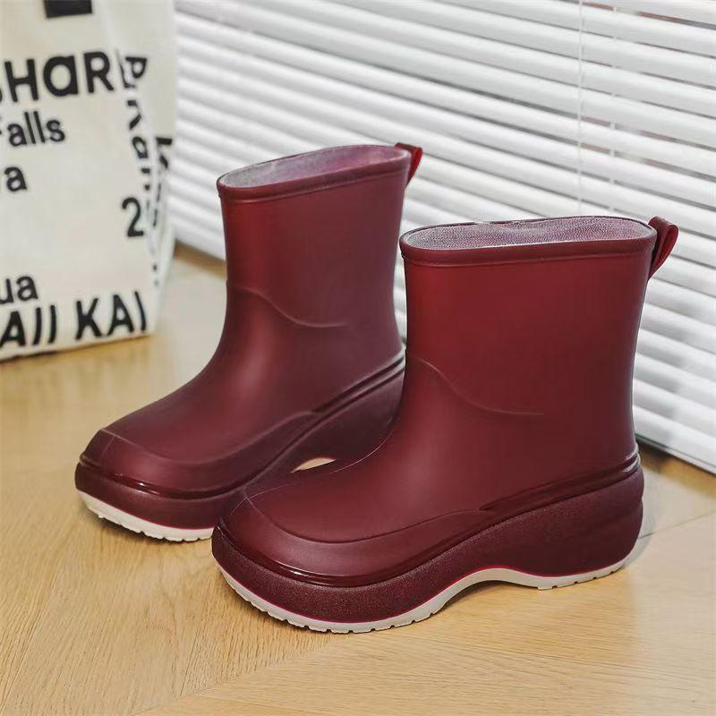 Woman New Thick Sole High Top Rain Boots Waterproof Non Slip Round Toe Detachable Cotton Cover Wedges Fashionable Water Shoes