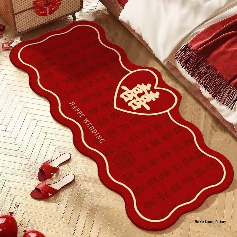 Thick Red Wedding Bedside Rug - Non-slip Festive Floor Mat for Bridal Room