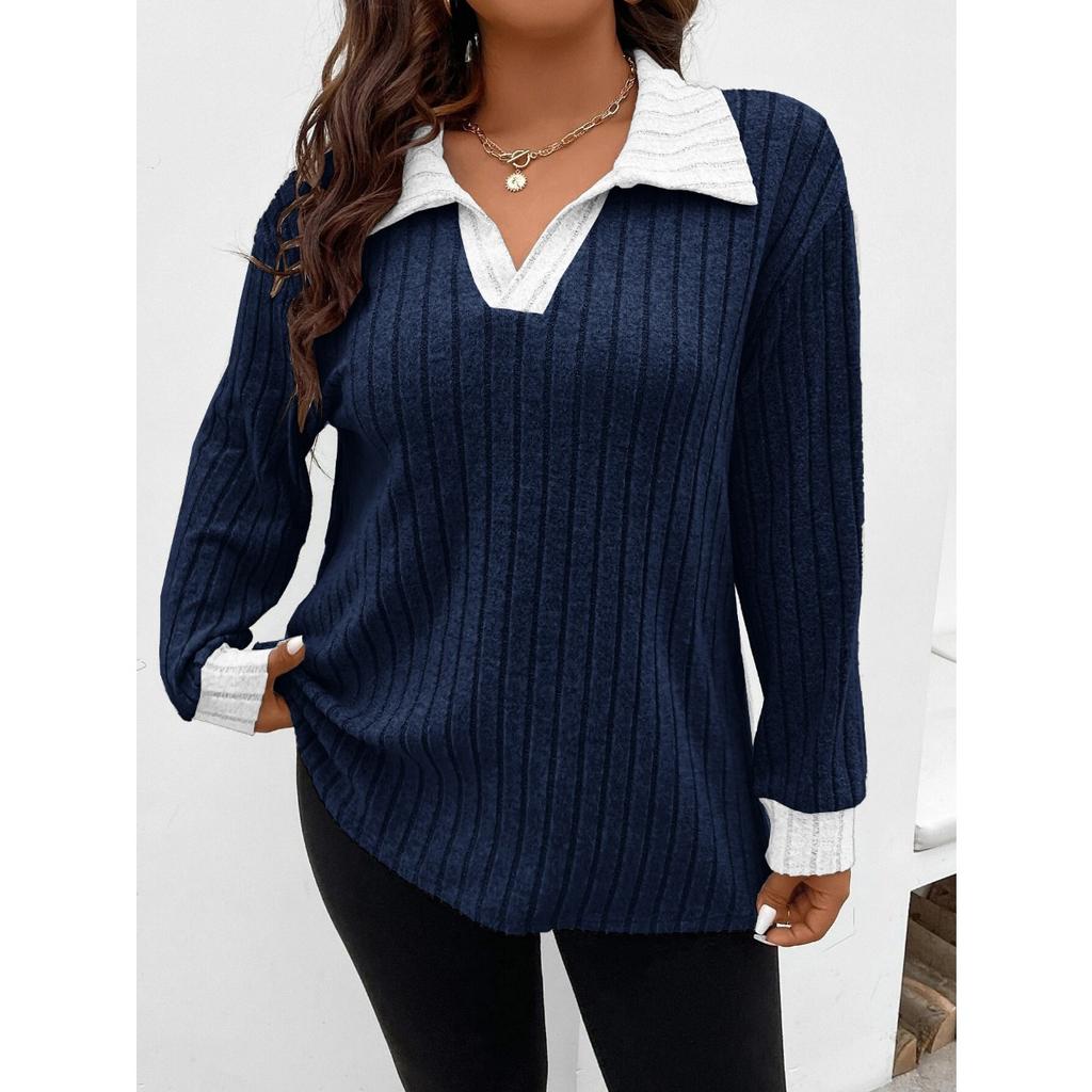 Autumn Winter New Solid Color Plus Size Women's Top V Lapel Long Sleeve Ribbed Brushed T-shirt Loose Casual