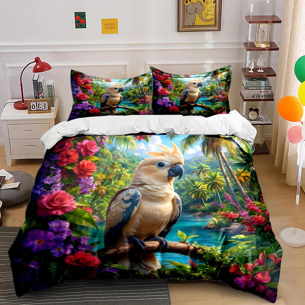 Tropical parrot with vibrant flowers Bedding Set for Kids Luxury Gift 3pcs Digital Print Comforter Set Soft Comfortable