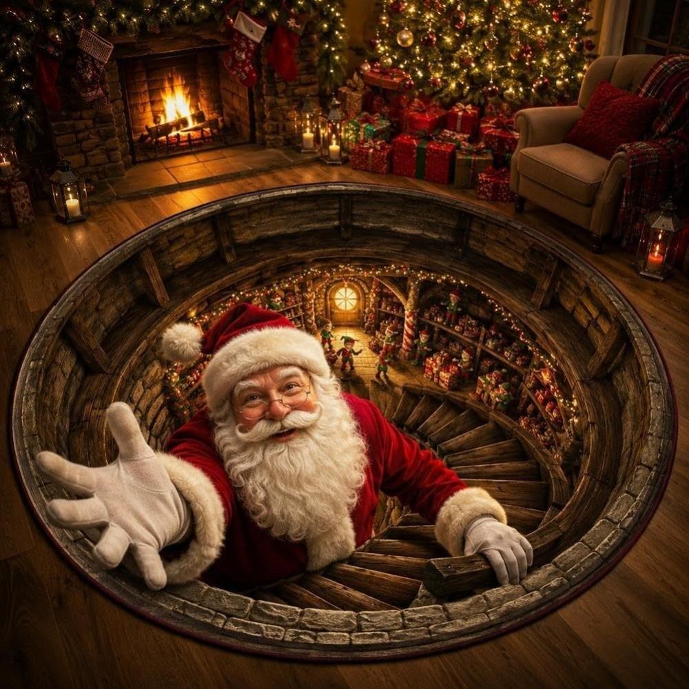 2D Flat Printed 3D Illusion Rug Santa Claus Xmas Home Decor Round Vortex Carpet  Indoor