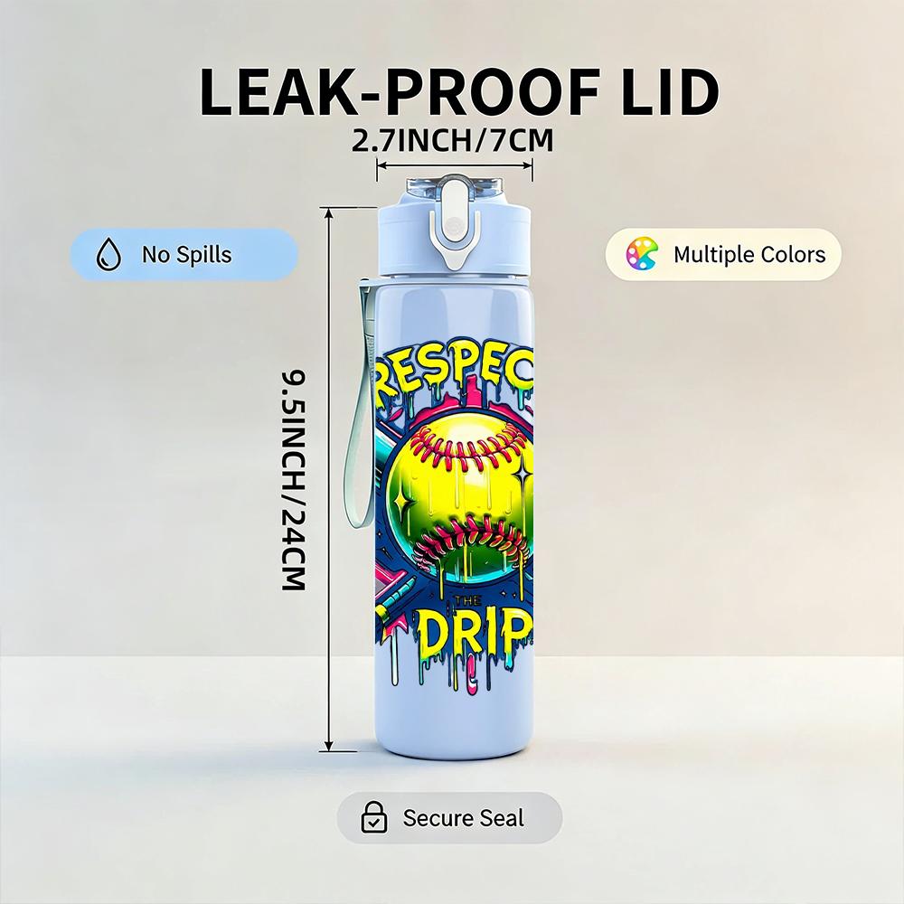 1PC Softball Respect Drip Letter Art 750ml Color Plastic Water Bottle Leakproof Flip Straw Lid For Sports Office Home Use